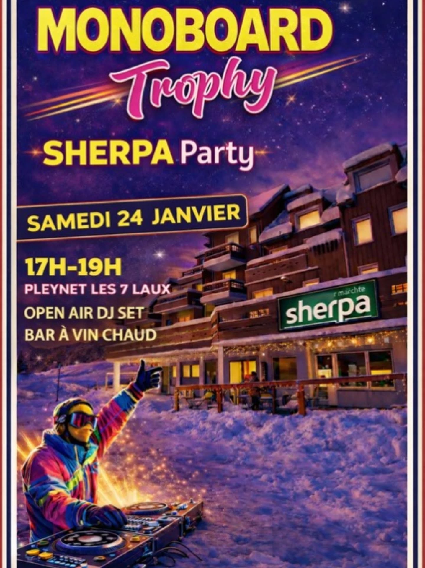 Publication Instagram du 9 janvier 2026 : Welcome to Pleynet Paradise! For the Monoboard Trophy, @sherpa_le_pleynet Will give a party before dinner! Mee…