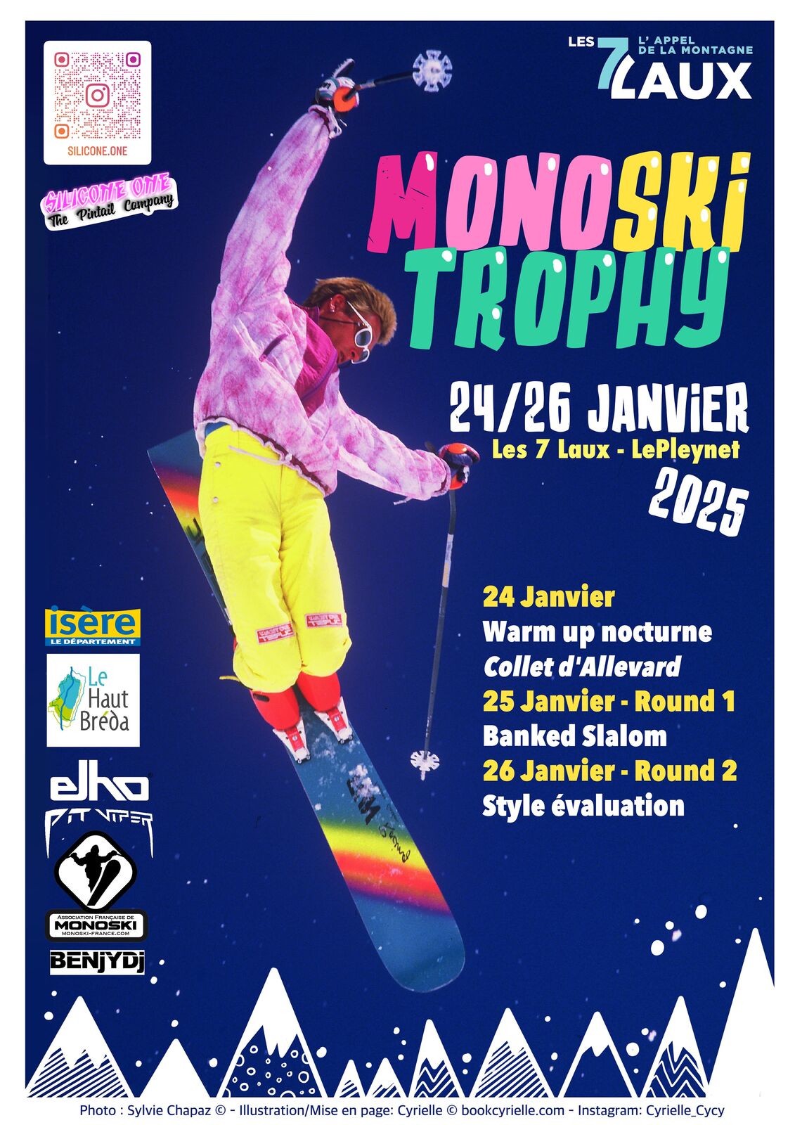 Affiche du Monoski Trophy 2025, du 24 au 26 janvier aux 7 Laux, Le Pleynet