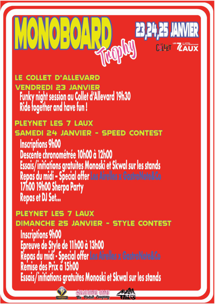 Programme détaillé du Monoboard Trophy, du 23 au 25 janvier, du Collet d’Allevard au Pleynet