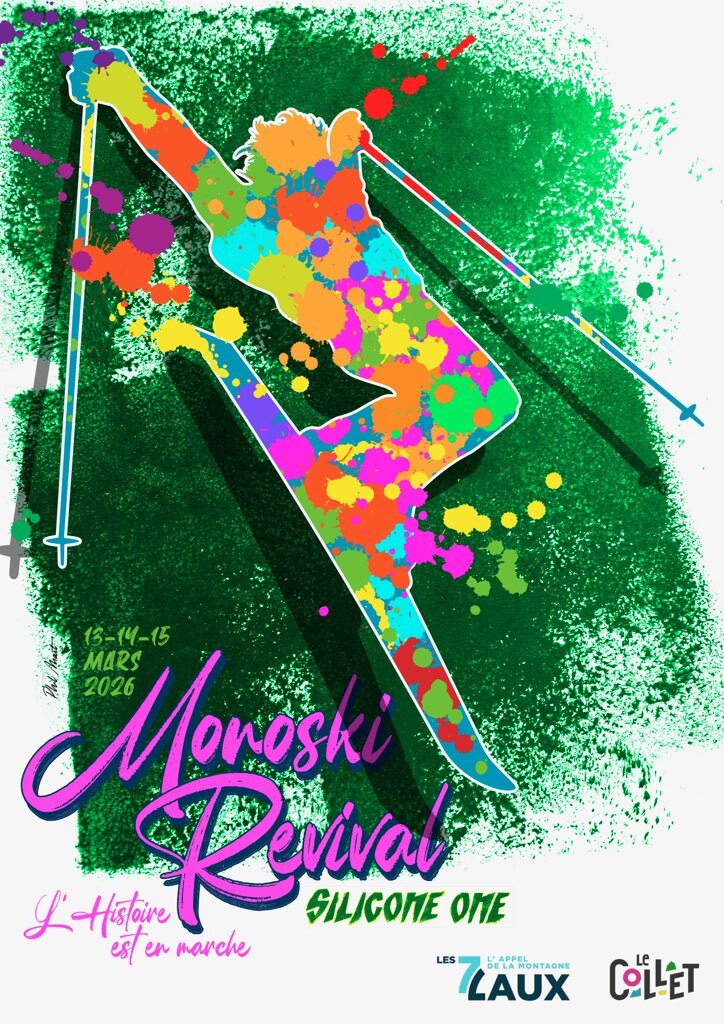 Affiche du Monoski Revival, silhouette de rider en éclaboussures de couleurs