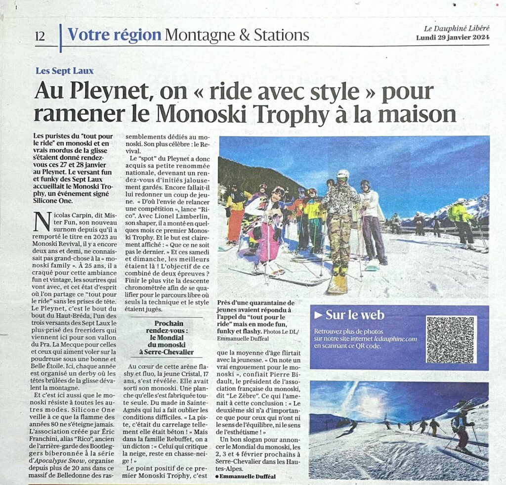 Article du Dauphiné Libéré : « Au Pleynet, on ride avec style pour ramener le Monoski Trophy à la maison »