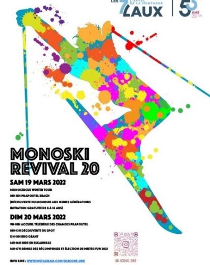 Affiche du Monoski Revival 20, silhouette éclaboussée de couleurs, mars 2022