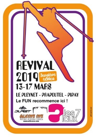 Affiche du Revival 2019, silhouette orange de skieur, 13 au 17 mars